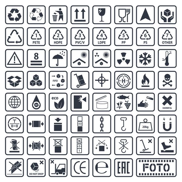 نمادها بارگذاری مجموعه ای آیکون های بسته بندی بسته بندی علائم بر روی مقوا