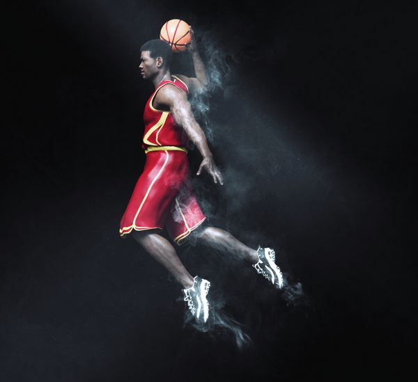 بازیکن بسکتبال در حال رفتن به یک اسلم نان با دود و اثرات پرتو نور است رندر 3d