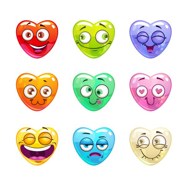 کارتون خنده دار شخصیت های قلب براق رنگارنگ با احساسات مختلف در چهره خود برچسب های بردار emoji مجموعه جدا شده بر روی زمینه سفید