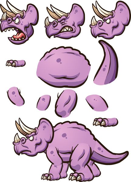 دایناسور triceratops کارتون با عبارات مختلف آماده برای انیمیشن تصویر کلیپ هنری با شیب ساده هر عنصر در یک لایه جداگانه
