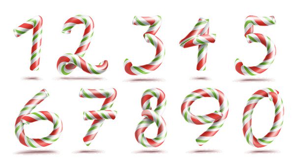 عدد ثبت نام مجموعه اعداد 3D شکل 1 2 3 4 5 6 7 8 9 0 رنگ های کریسمس قرمز سبز نوار کریسمس کریسمس نعناع هندی آب نبات طراحی سال نو جدا شده در تصویر سفید