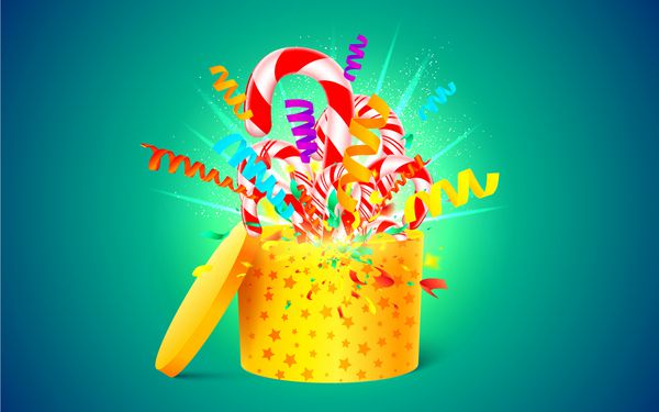 هدیه کریسمس شیرین جعبه زرد 3 بعدی را با نیشکر نعنا و انفجار شیرینی کاغذی باز کنید جعبه تعطیلات جشن با شیرینی نماد حزب شیرین با نور اثر و ذرات تصویر برداری