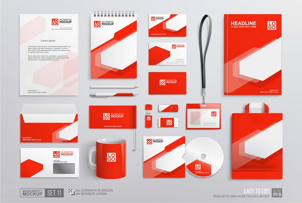 مجموعه ای از هویت سازمانی برند سازمانی قالب املاک لوازم التحریر گرافیک هندسی انتزاعی قرمز و سفید در جلد گزارش سالانه بروشور گلدان قرمز شرکت پرچم سربرگ