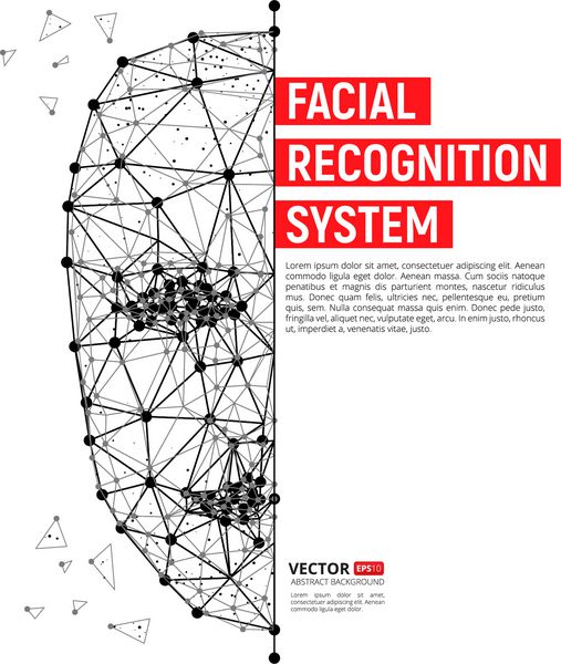 شناسایی بیومتریک یا مفهوم سیستم تشخیص چهره تصویر برداری از چهره انسان شامل چند ضلعی نقاط و خطوط با محل برای متن خود را جدا شده بر روی زمینه سفید