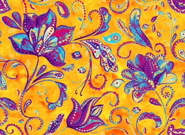 الگوی بدون درز با گل های رنگارنگ فانتزی زرد تصویر زمینه طبیعی دکوراسیون گل فلورس شکل تصویر طرح Millefleurs عناصر دست کشیده آبرنگ Paisley را چاپ کنید دکور خانه