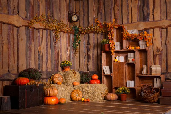 داخلی چوبی با پومکین برگ های پاییز و گل دکوراسیون هالووین و شکرگزاری