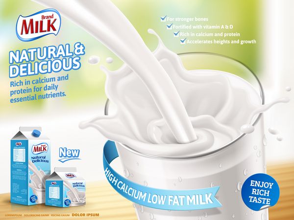 تبلیغات شیر ​​شیر شیر خوشمزه در تصویر 3d جدا شده بر روی پس زمینه بوکه محصولات کارتن کاغذ با طراحی بسته بندی