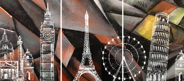 دست نقاشی نقاشی روغن triptych پس زمینه چکیده هنر بر روی بوم لندن پاریس پیزا مسافرت رفتن در مدرن داخلی هنر معاصر قرمز هندسی طلا