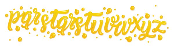 فونت عسل جدا شده بر روی زمینه سفید فونت طلایی با حروف q r s t u v w x y z قرار گرفته است الفبای انگلیسی ساخته شده از عسل مایع و براق زرد abc مجموعه نوع بسته بندی مواد غذایی شیرین