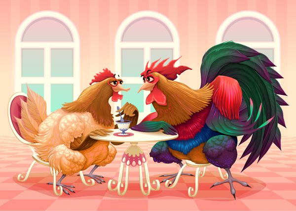 مرغ و خروس در یک کافه تصویر برداری کارتون خنده دار