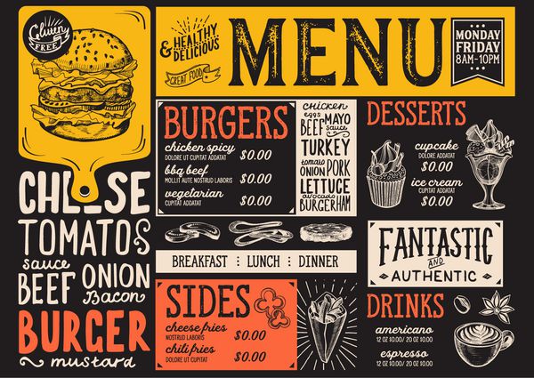 منوی غذای برگر برای رستوران و کافه قالب طراحی با تصاویر گرافیکی دست کشیده شده