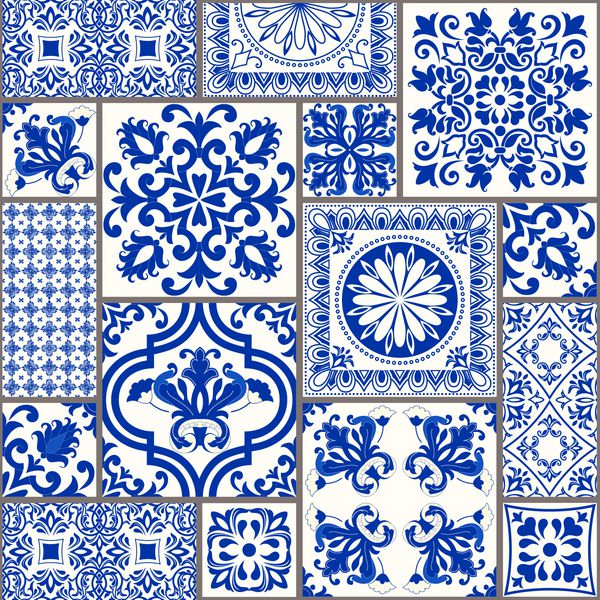 کاشی بدون درز پچرچر با انگیزه ویکتوریا کاشی سفال Majolica azulejo آبی و سفید دکوراسیون اصلی سنتی پرتغالی و اسپانیا