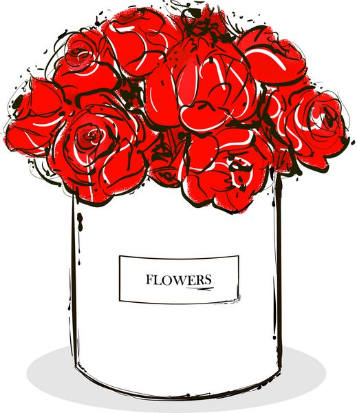 زیبا قرمز گل جعبه سفید جعبه بردار دست کشیده طرح مد برچسب با زرق و برق جعبه گل روبیک جدا شده بر روی زمینه سفید برای طراحی فروشگاه گل تصویر برداری بردار مد