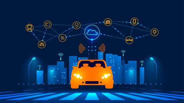 اتصال به شبکه بی سیم شبکه هوشمند با شهر هوشمند خودرو هوشمند و فن آوری خودرو آیکن های زیرساخت های شهر مفهوم آینده تاکسی تصویر