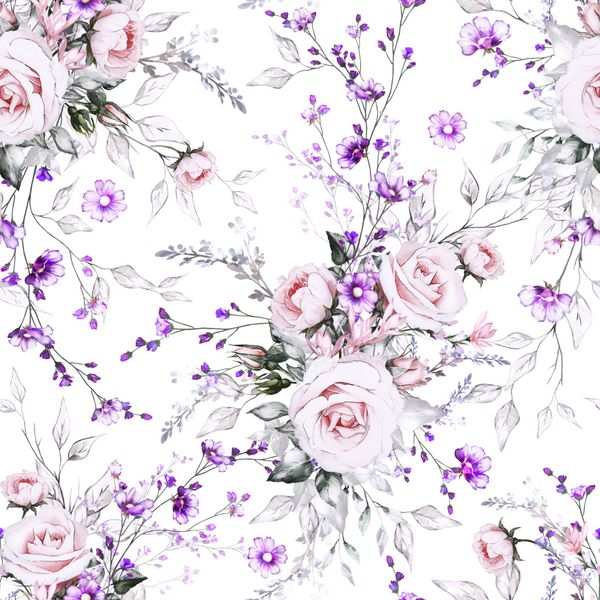 الگوی بدون درز با گل و برگ در زمینه سفید نقاشی روغن روی بوم نقاشی گل گل رز کاشی برای کاغذ دیواری یا پارچه