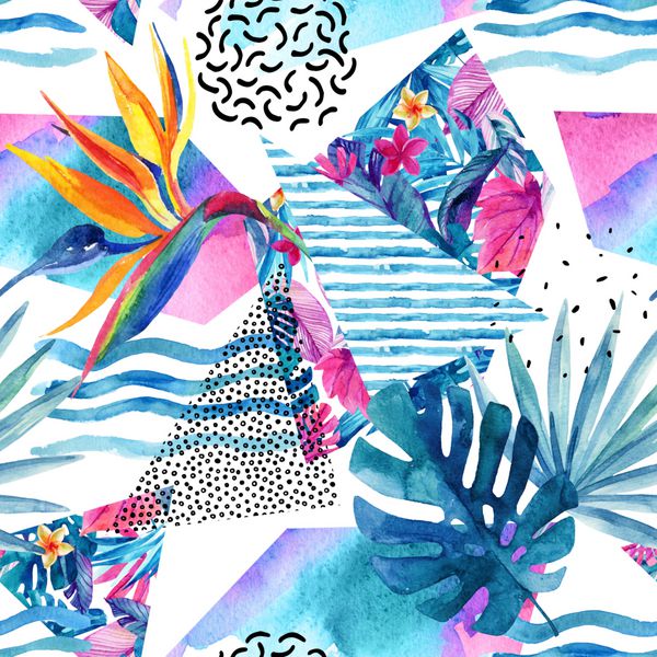 گل های آبی رنگ های گرمسیری و برگ در پس زمینه با doodles خطوط اشکال هندسی عناصر گلدار و هندسی دست سبک در حداقل سبک تصویر آبرنگ هنر