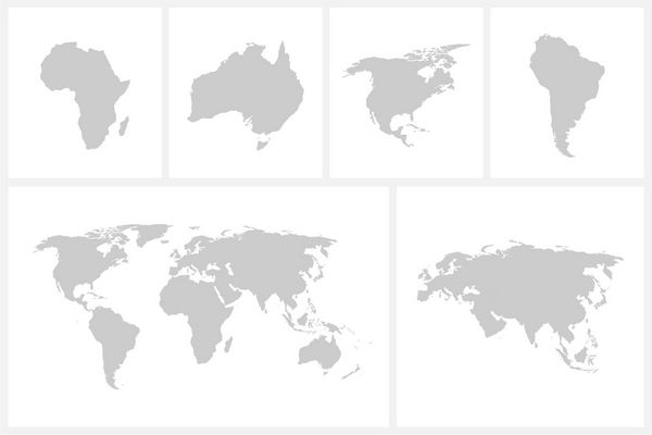 جهان نقشه برداری قاره ها در رنگ خاکستری جدا شده بر روی زمینه سفید