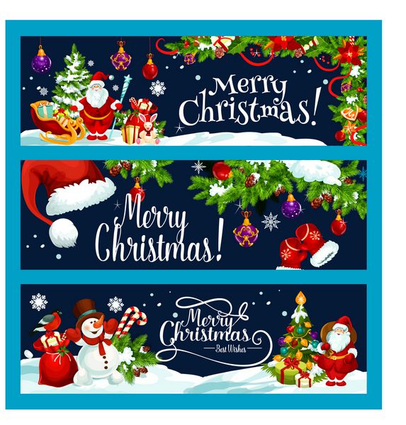 کریسمس مبارک و بهترین آرزو الگوی طراحی آگهی ها بردار سانتا هدیه کیسه در درخت کریسمس آدم برفی در سورتمه و دکوراسیون کریسمس در برف برای جشن زمستان تعطیلات فصلی