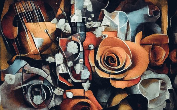 در تنهای سرد یک دسته گل های زیبا در یک سبک مدرن و مکعب از پیکاسو و کانینسکی اعدام در روغن بر روی بوم با عناصر نقاشی پاستیل هنرهای زیبا برای هدیه و داخلی