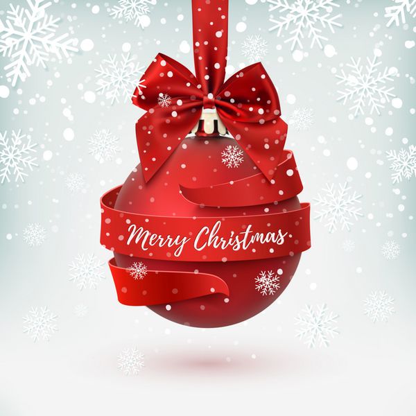 کارت تبریک کریسمس دکوراسیون با تعظیم قرمز و روبان در اطراف در زمینه زمستان بروشور یا قالب پوستر