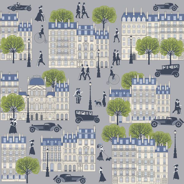 خیابان قدیمی پاریس با افراد پیاده روی و اتومبیل تصویر برداری بروشور دست ساز و یا الگوی سبک و سبک