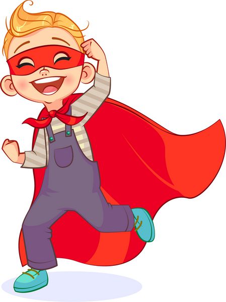 پسر خنده دار در لباس فوق العاده قهرمان با ماسک قرمز و توسعه مژه های باد کارتونی فوق العاده پسر فوق العاده لبخند از گوش به گوش ژست دست برنده