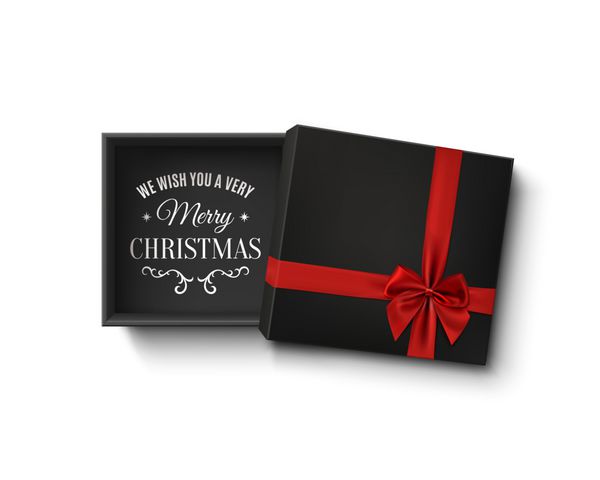 طراحی کریسمس مبارک جعبه هدیه خالی سیاه و سفید با روبان قرمز و تعظیم جدا شده بر روی زمینه سفید با برف و برف دانه الگو بنر بروشور یا پوستر