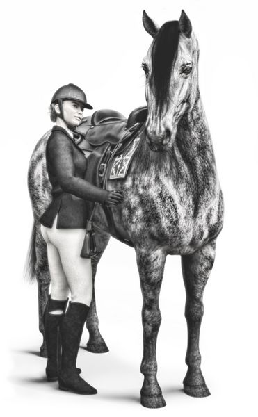 چکیده تصویر هنری یک زن سوار با اسب خود رندر 3D در پس زمینه سفید جدا شده