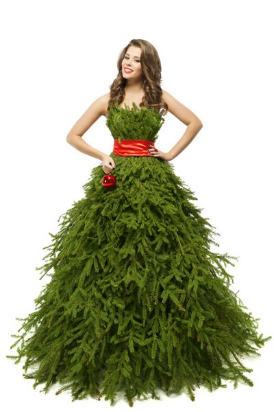 زن لباس کریسمس درخت مدل مد در Xmas ملافه جدا شده بیش از پس زمینه سفید