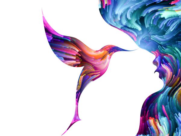 سری پرندگان ذهن ترکیب بصری خنثی از مشخصات زن و پرنده با رنگ رنگی برای کارهای خلاقیت تخیل معنویت و هنر اجرا می شود