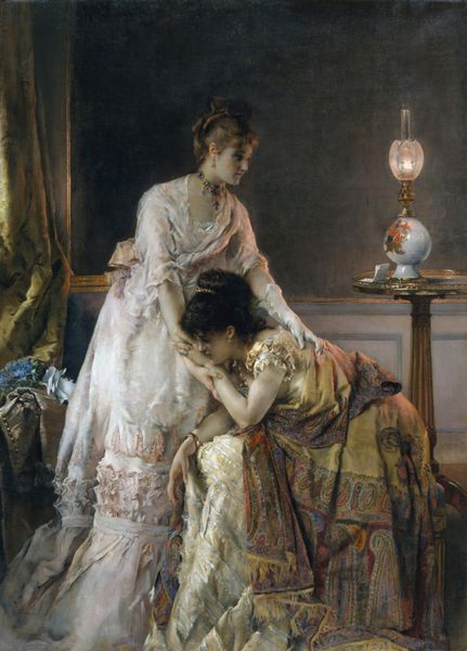 بعد از توپ توسط آلفرد استیونز 1874 نقاشی بلژیکی روغن بر روی بوم عنوان متناوب این صحنه تسلیم اعتماد به نفس است صحنه های عجیب و غریب با دو لباس پوشیدنی زیبا ظاهر می شود