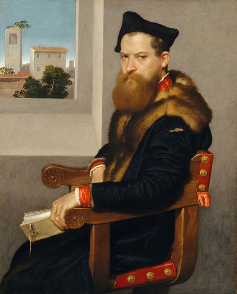 BARTOLOMMEO BONGHI توسط جیووانی Battista Moroni 1553 نقاشی روغن ایتالیایی رنسانس بونگی یک محقق قانونی بود و کتابی درباره قوانین مدنی رومی دارد از طریق پنجره یک برج قابل تشخیص است