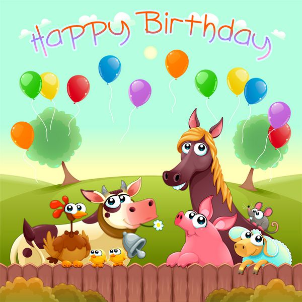 کارت تولدت مبارک با حیوانات مزرعه ناز در حومه تصویر برداری کارتونی