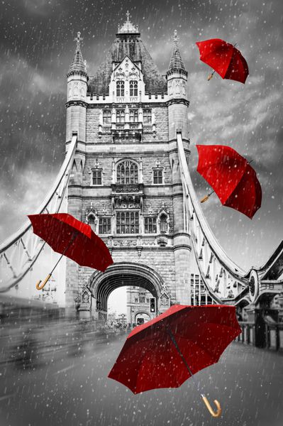 پل برج در رودخانه تامز با چترهای پرواز لندن انگلستان سیاه و سفید مفهوم گرافیک با عنصر قرمز