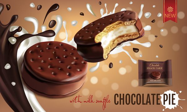 تصویر برداری واقعی از پای شکلات با سوفل شیر پوستر تبلیغاتی افقی با پس زمینه بوک