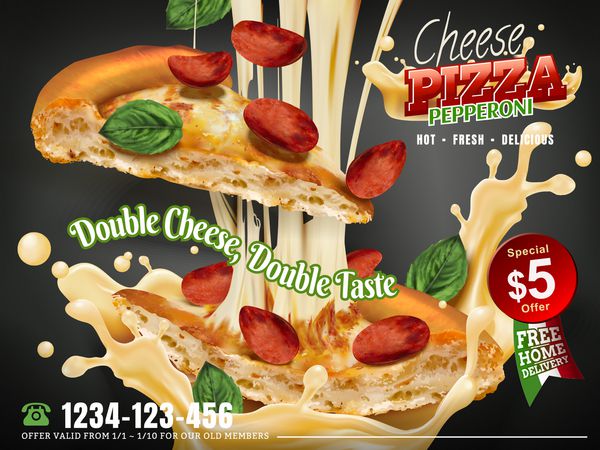 پیتزا آبی پیتزا پیتزا پنیری پنیر با پنیر رشته ای و پرپشت های پرواز جدا شده در پس زمینه خاکستری تصویر 3D