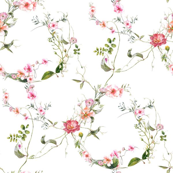 نقاشی آبرنگ برگ و گل الگوی بدون درز در زمینه سفید