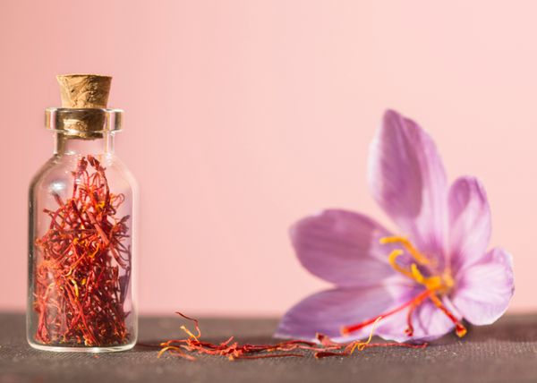 ادویه زعفران خشک شده در یک بطری و گل زعفران در پس زمینه صورتی