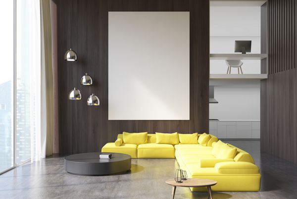 داخلی اتاق چوبی با کف بتونی پنجره های پانوراما مبل های زرد در نزدیکی یک میز قهوه و پوستر عمودی رندر 3d فتوشاپ