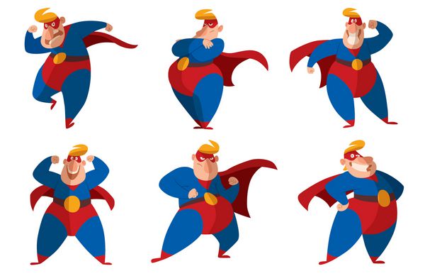 مجموعه ای از 6 کارتونی از ابرقهرمانان چربی خنده دار در لباس های قرمز آبی کلاه و ماسک های قرمز با اقدامات و احساسات مختلف بر روی زمینه سفید Superhero ناجی کمیک قهرمان