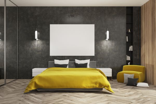 داخلی اتاق سیاه و سفید با کف چوبی یک تخت زرد قفسه های کتاب صندلی و پوستر رندر 3d فتوشاپ