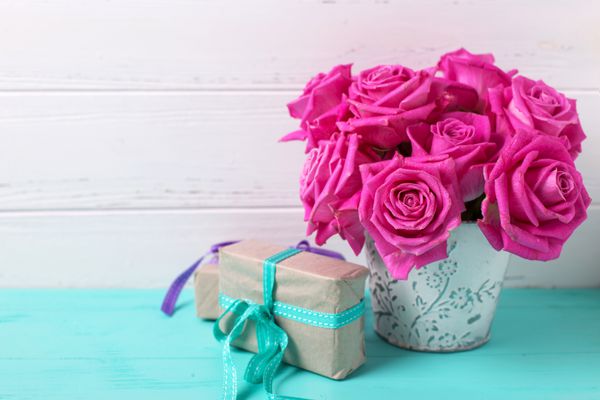 گل رز گل رز در گلدان و جعبه با درخت در پس زمینه چوبی فیروزه ای بر روی دیوار سفید تمرکز انتخابی محل برای متن