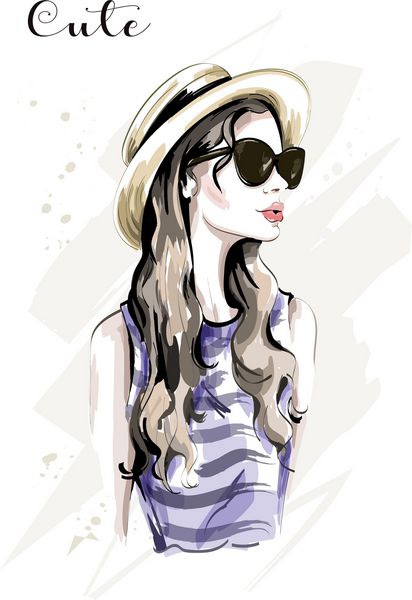 دست کشیده جوان زیبا زن در کلاه زن مد در عینک آفتابی دختر ناز شیک طرح تصویر برداری