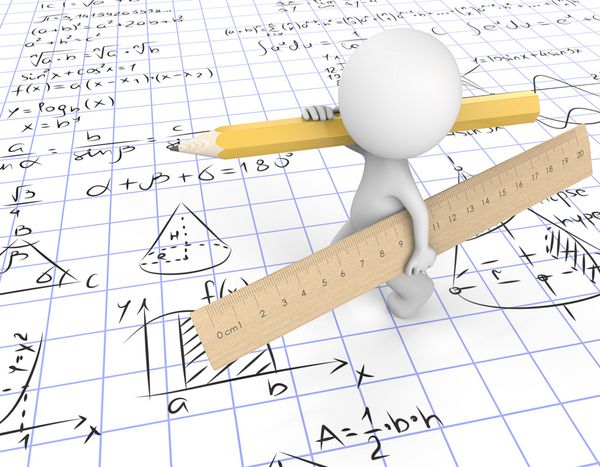 ریاضی را انجام دهید شخص 3D شخصیت حمل حاکم بزرگ چوبی و مداد زرد پیاده روی بر روی صفحه با نمادهای ریاضی رندر 3d
