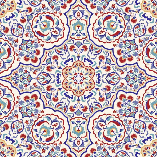 الگوی رنگارنگ بدون درز با ماندالا عنصر تزئینی قدیمی طرح دست کشیده در سبک ترکی استانبولی اسلام عربی هند و عتیقه تصویر برداری