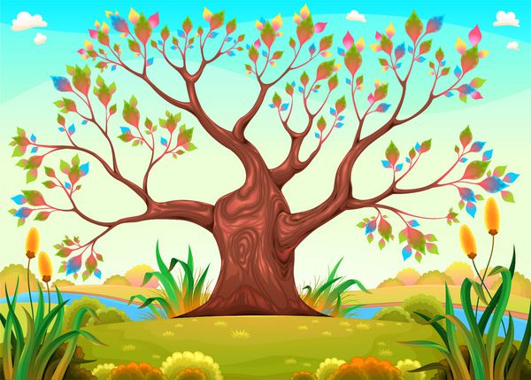 درخت مبارک در حومه شهر تصویر برداری کارتون خنده دار برای کودکان