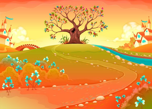 چشم انداز حومه با درخت در غروب آفتاب تصویر برداری کارتون خنده دار برای کودکان