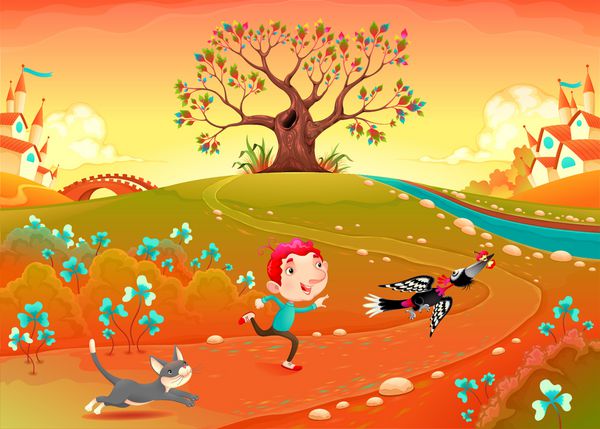 دوستی بین یک پسر دندان و بچه گربه تصویر برداری کارتون خنده دار برای کودکان در چشم انداز حومه شهر با درخت و روستا