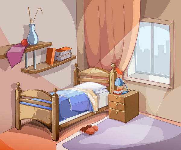 داخلی اتاق خواب در سبک کارتون مبلمان طراحی داخلی آپارتمان تصویر بردار