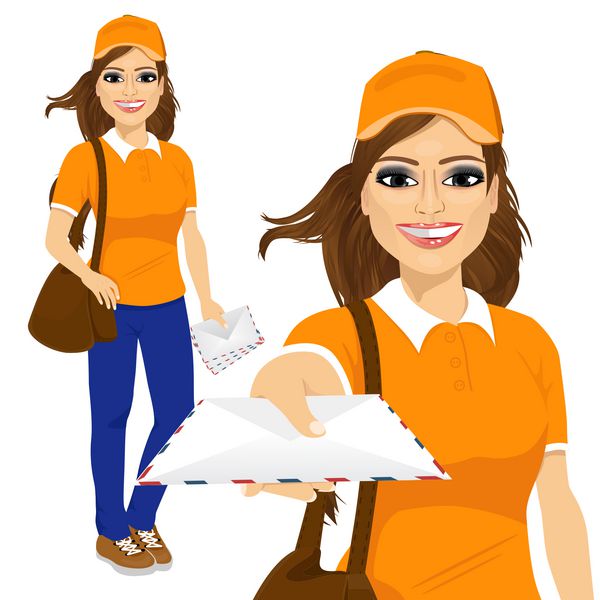 اسپانیایی پست زن در پیراهن نارنجی فرم ارسال نامه با کیف چرم قهوه ای
